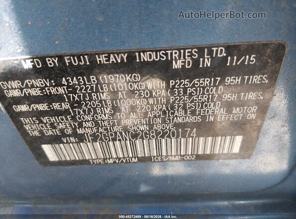 JF2GPANC2G8220174 2016 SUBARU CROSSTREK Blue ძრავის განყოფილების ხედი