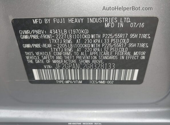 JF2GPANC2G8328133 2016 SUBARU CROSSTREK Silver Вид підкапотного простору