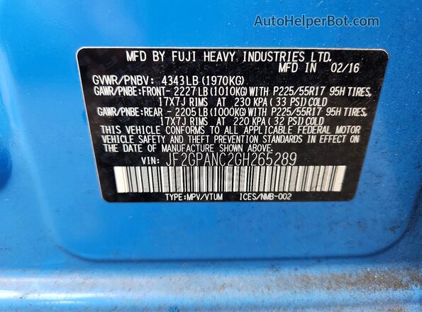 JF2GPANC2GH265289 2016 SUBARU CROSSTREK Blue Engine compartment view