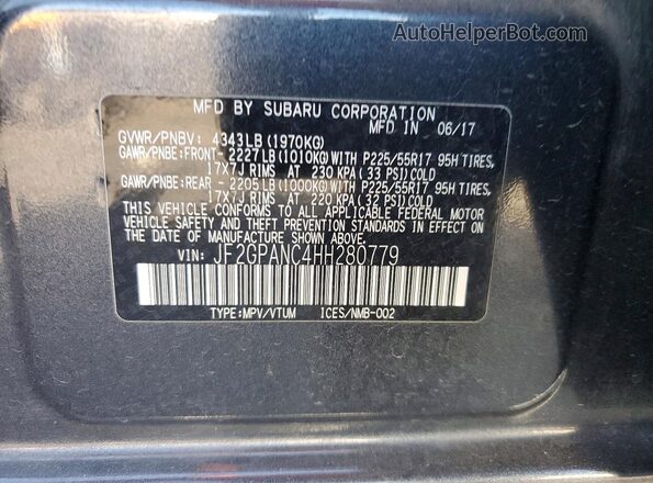 JF2GPANC4HH280779 2017 SUBARU CROSSTREK Gray Вид наклейки з VIN-кодом