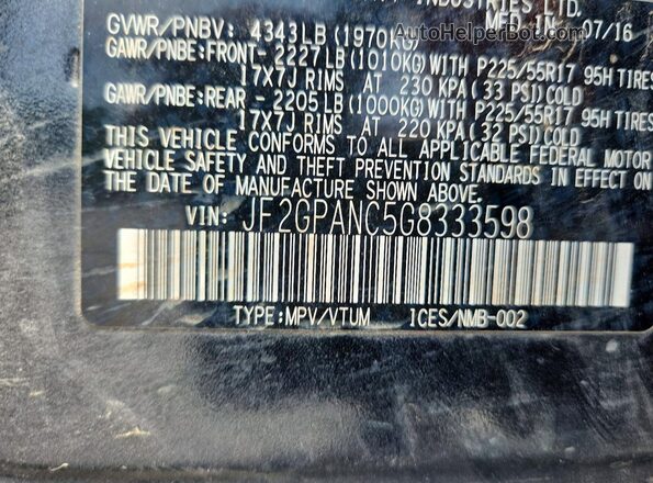 JF2GPANC5G8333598 2016 SUBARU CROSSTREK Gray VIN կոդի պիտակի տեսք