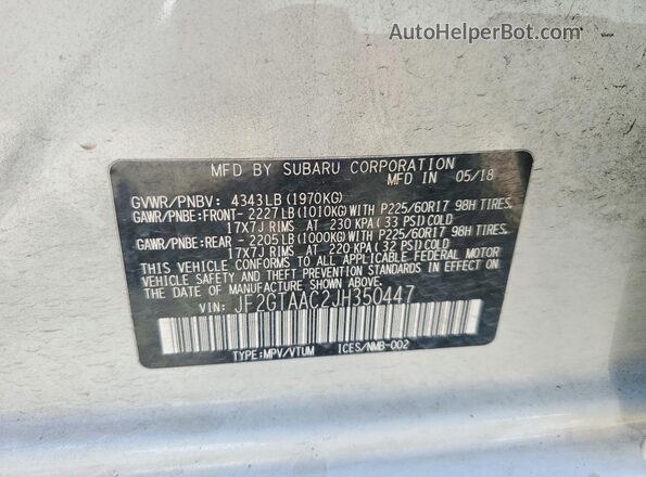 JF2GTAAC2JH350447 2018 SUBARU CROSSTREK White Widok naklejki z numerem VIN