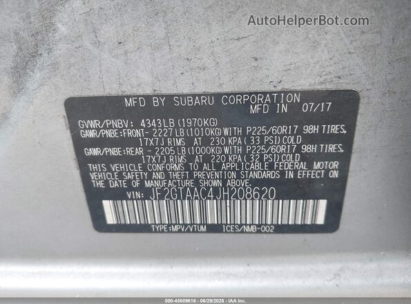 JF2GTAAC4JH208620 2018 SUBARU CROSSTREK Silver Engine compartment view