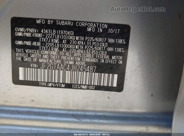 JF2GTAAC4JH245487 2018 SUBARU CROSSTREK Light Blue 