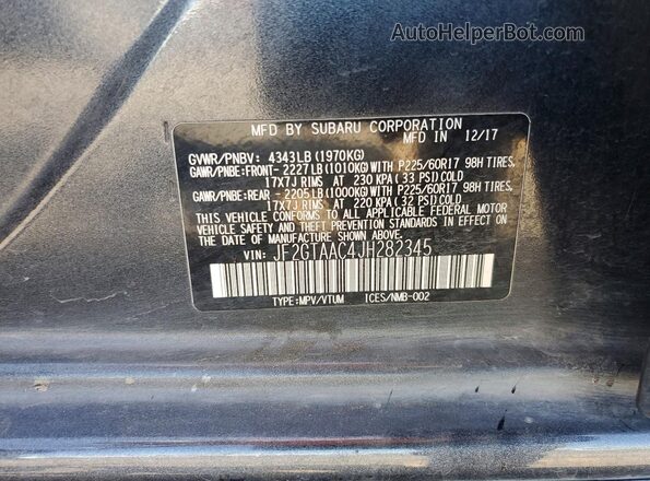 JF2GTAAC4JH282345 2018 SUBARU CROSSTREK Серый Панорамный вид салона 360°