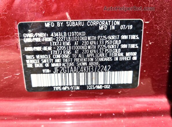 JF2GTAAC4KH372242 2019 SUBARU CROSSTREK Burgundy 