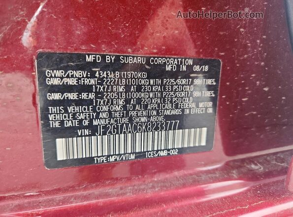 JF2GTAAC6K8233777 2019 SUBARU CROSSTREK Красный Вид подкапотного пространства