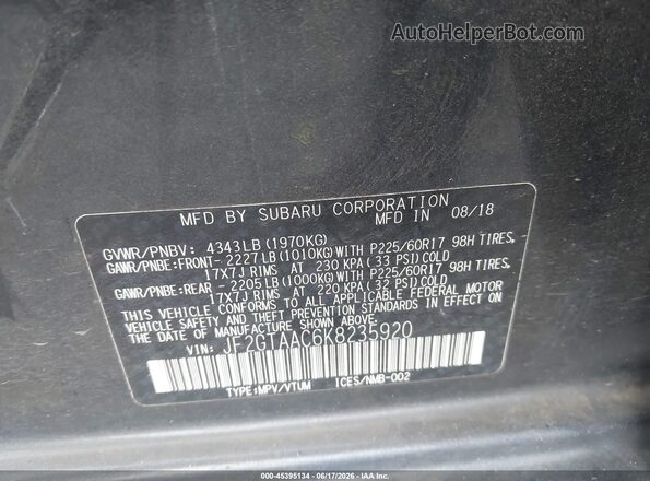 JF2GTAAC6K8235920 2019 SUBARU CROSSTREK Gray Вид підкапотного простору