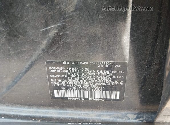 JF2GTAAC9JH299643 2018 SUBARU CROSSTREK Black ძრავის განყოფილების ხედი
