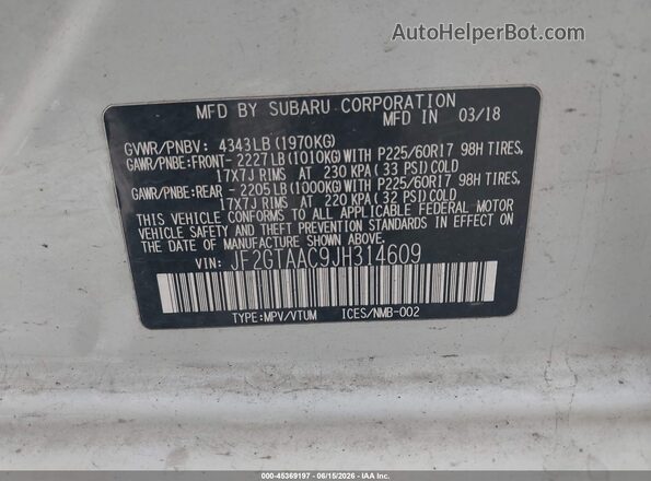 JF2GTAAC9JH314609 2018 SUBARU CROSSTREK White Vista del compartimento del motor