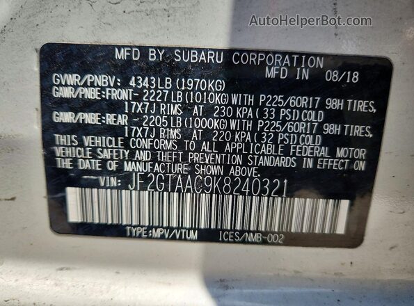 JF2GTAAC9K8240321 2019 SUBARU CROSSTREK White VIN sticker view