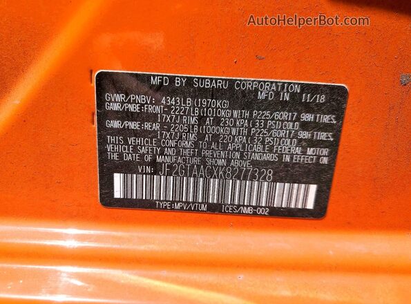 JF2GTAACXK8277328 2019 SUBARU CROSSTREK Orange Սալոնի 360 աստիճան տեսք