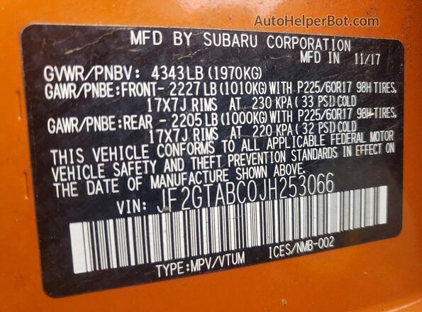 JF2GTABC0JH253066 2018 SUBARU CROSSTREK Orange Vista del compartimento del motor
