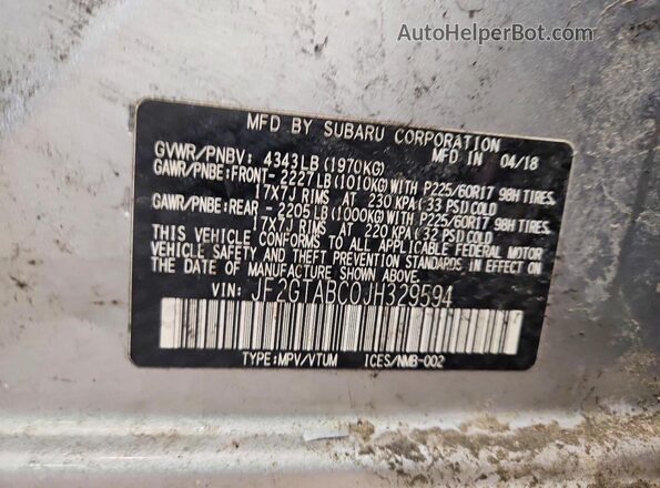 JF2GTABC0JH329594 2018 SUBARU CROSSTREK Silver Vista de la etiqueta del VIN