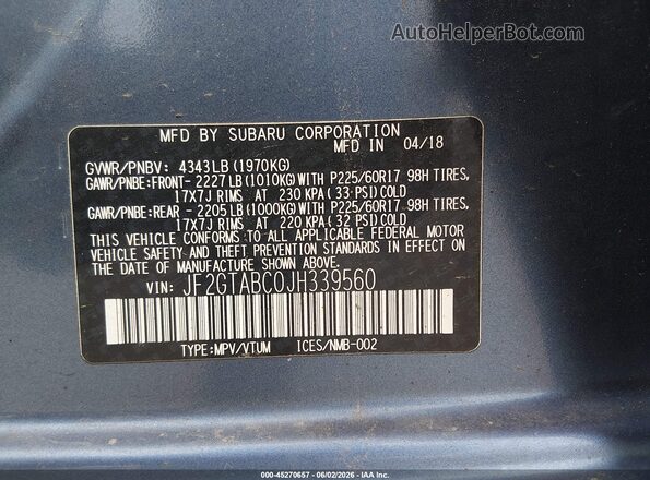 JF2GTABC0JH339560 2018 SUBARU CROSSTREK Blue Vista del compartimento del motor