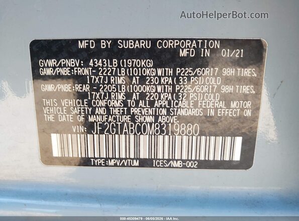 JF2GTABC0M8319880 2021 SUBARU CROSSTREK Light Blue 