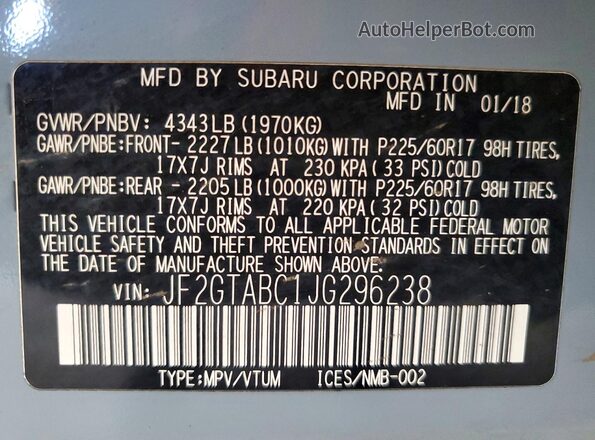 JF2GTABC1JG296238 2018 SUBARU CROSSTREK Blue Вид підкапотного простору