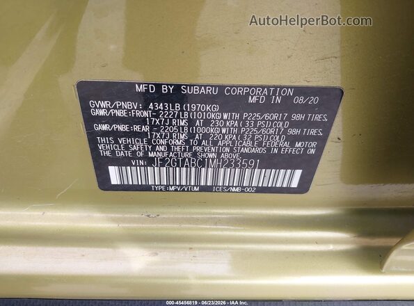 JF2GTABC1MH233591 2021 SUBARU CROSSTREK Зеленый Вид подкапотного пространства