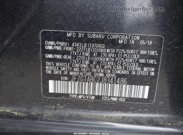 JF2GTABC2J8341486 2018 SUBARU CROSSTREK Gray Widok komory silnika