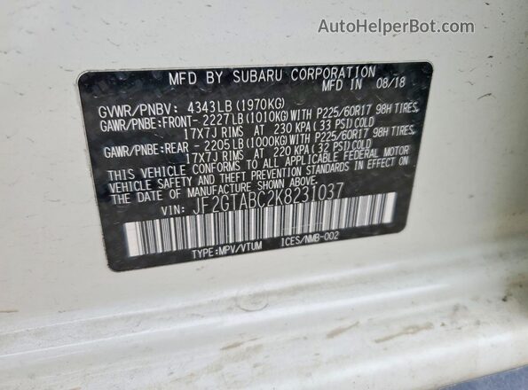 JF2GTABC2K8231037 2019 SUBARU CROSSTREK White Widok komory silnika