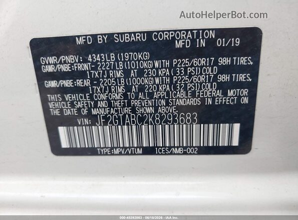JF2GTABC2K8293683 2019 SUBARU CROSSTREK Белый Вид подкапотного пространства