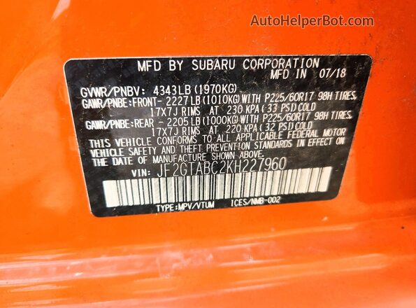 JF2GTABC2KH227960 2019 SUBARU CROSSTREK Orange Շարժիչի բաժամունքի տեսք