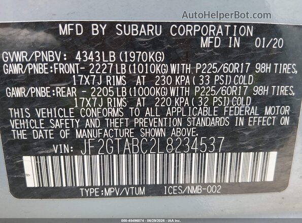 JF2GTABC2L8234537 2020 SUBARU CROSSTREK Light Blue Vista del compartimento del motor