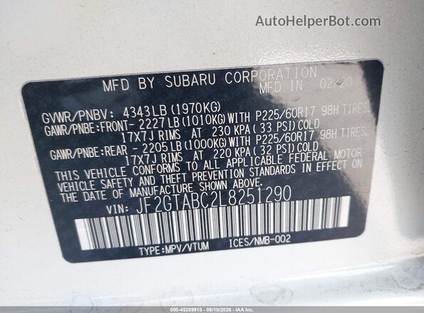 JF2GTABC2L8251290 2020 SUBARU CROSSTREK White 