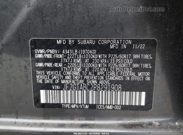 JF2GTABC2P8291908 2023 SUBARU CROSSTREK Gray Engine compartment view