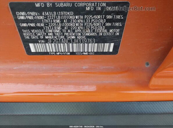 JF2GTABC3JH339763 2018 SUBARU CROSSTREK Оранжевый Вид подкапотного пространства