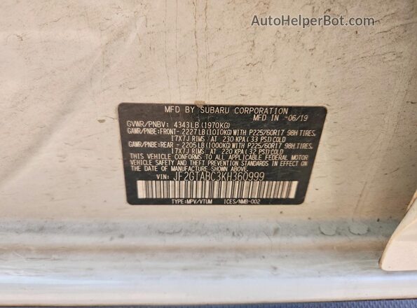 JF2GTABC3KH360999 2019 SUBARU CROSSTREK White 