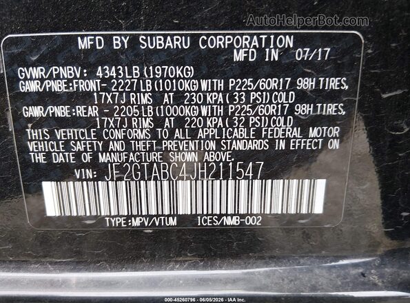 JF2GTABC4JH211547 2018 SUBARU CROSSTREK Black Շարժիչի բաժամունքի տեսք