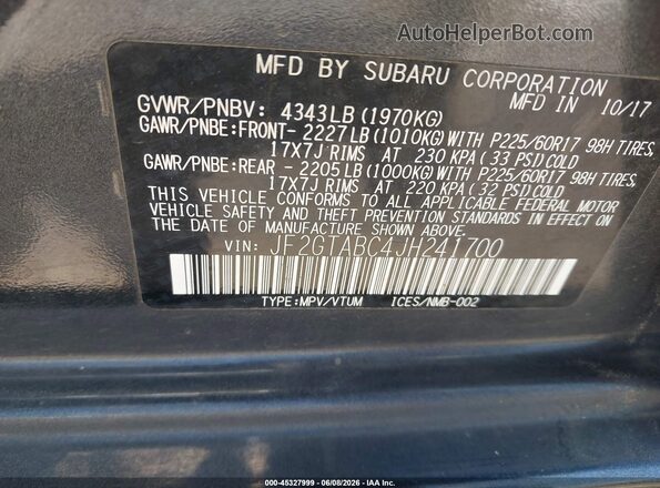 JF2GTABC4JH241700 2018 SUBARU CROSSTREK Blue Շարժիչի բաժամունքի տեսք