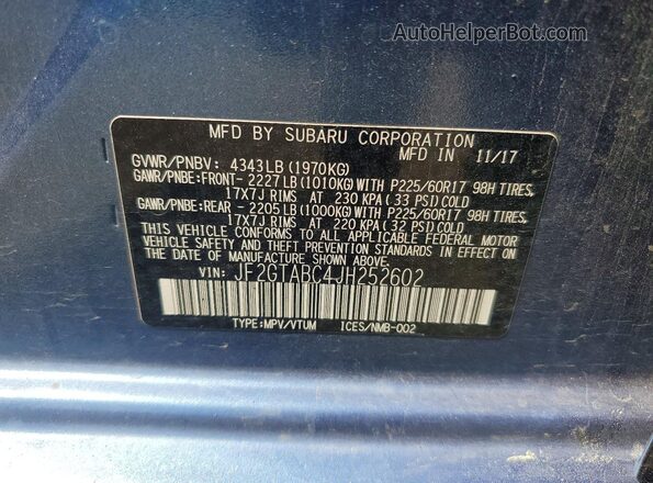 JF2GTABC4JH252602 2018 SUBARU CROSSTREK Blue 