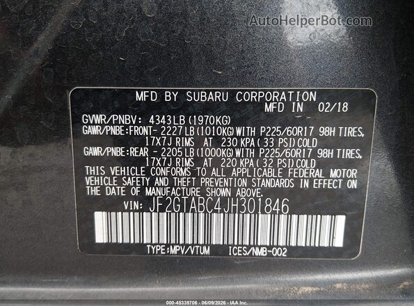 JF2GTABC4JH301846 2018 SUBARU CROSSTREK Black Engine compartment view