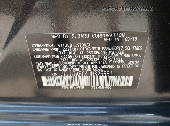 JF2GTABC4JH325581 2018 SUBARU CROSSTREK Black Engine compartment view