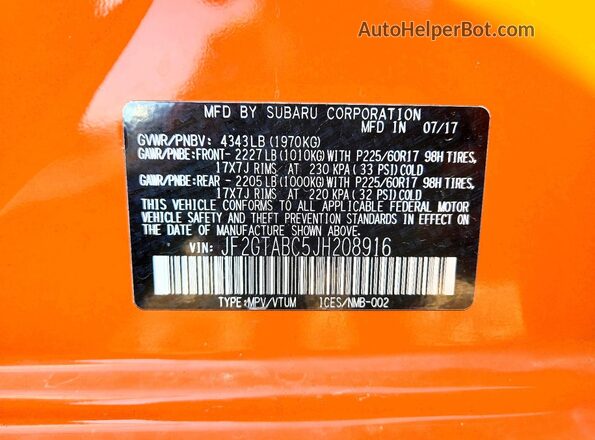 JF2GTABC5JH208916 2018 SUBARU CROSSTREK Orange Vista de la etiqueta del VIN