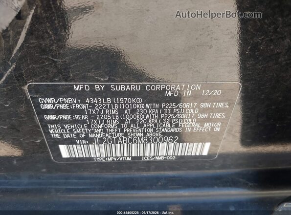 JF2GTABC6M8300962 2021 SUBARU CROSSTREK Black Շարժիչի բաժամունքի տեսք
