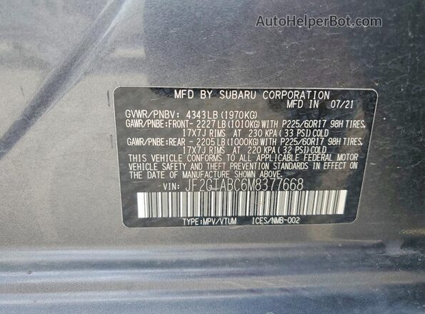 JF2GTABC6M8377668 2021 SUBARU CROSSTREK Charcoal VIN կոդի պիտակի տեսք