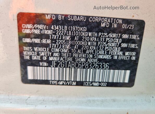 JF2GTABC6P8326336 2023 SUBARU CROSSTREK White 