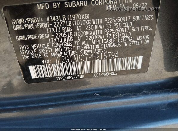 JF2GTABC7PH215794 2023 SUBARU CROSSTREK Gray Widok komory silnika