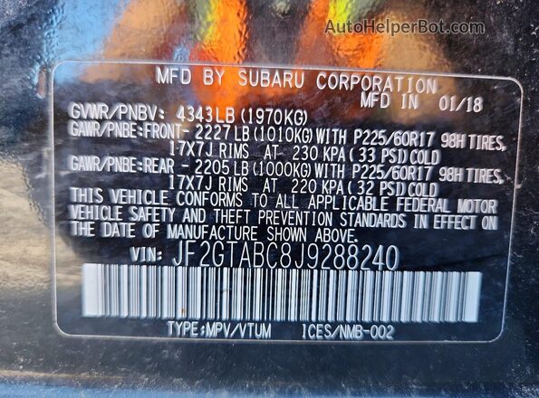 JF2GTABC8J9288240 2018 SUBARU CROSSTREK Black VIN կոդի պիտակի տեսք