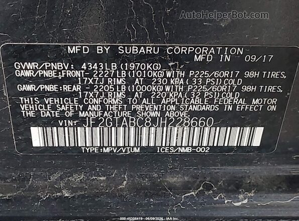 JF2GTABC8JH228660 2018 SUBARU CROSSTREK Gray Engine compartment view
