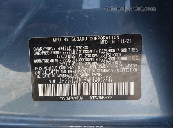 JF2GTABC8MH680256 2021 SUBARU CROSSTREK Blue Engine compartment view