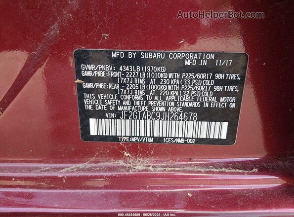 JF2GTABC9JH264678 2018 SUBARU CROSSTREK Red ძრავის განყოფილების ხედი