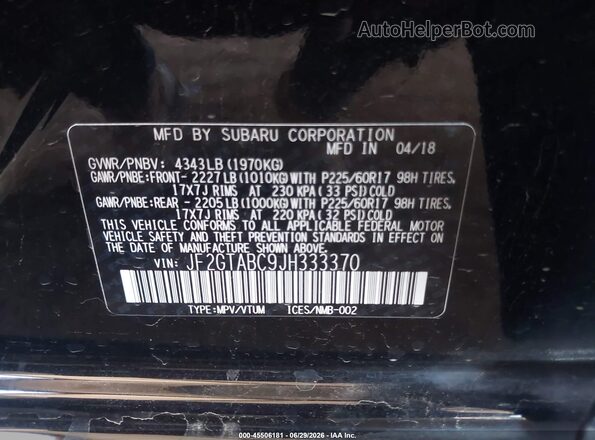 JF2GTABC9JH333370 2018 SUBARU CROSSTREK Black Вид підкапотного простору