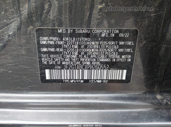 JF2GTABCXPH260552 2023 SUBARU CROSSTREK Gray Widok komory silnika