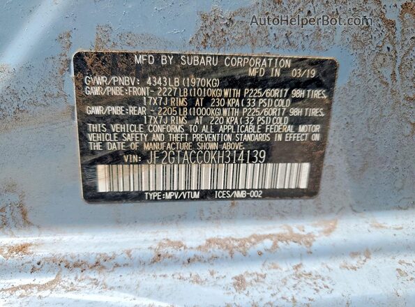 JF2GTACC0KH314139 2019 SUBARU CROSSTREK Blue Widok komory silnika