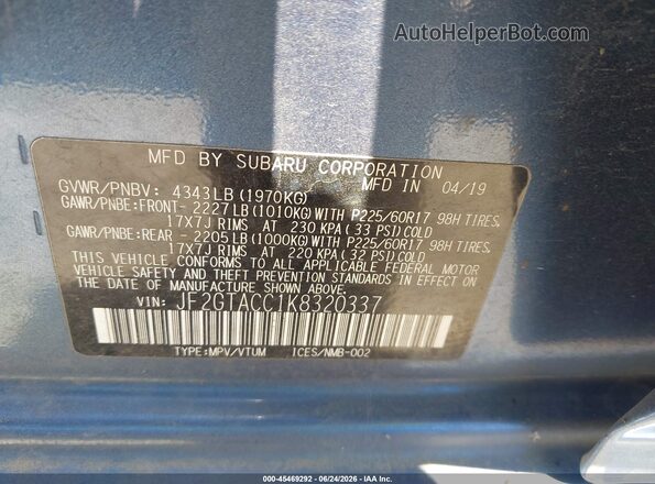 JF2GTACC1K8320337 2019 SUBARU CROSSTREK Blue ძრავის განყოფილების ხედი