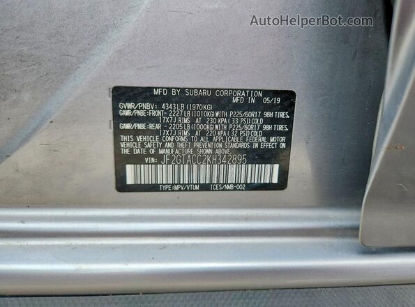 JF2GTACC2KH342895 2019 SUBARU CROSSTREK Silver Widok komory silnika